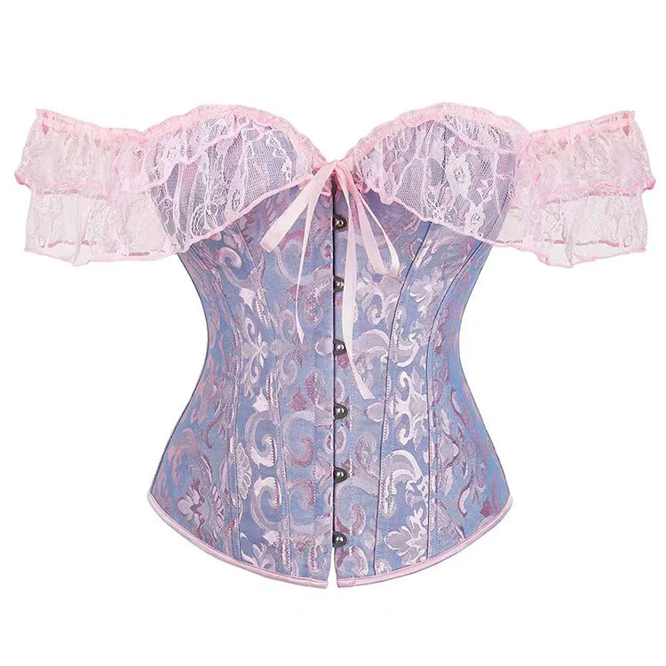 Women Short Sleeve Corset Tie-up Boat Neck Close-fitting Crop Tops Jacquard Overbust Korset Cropped White Black Green Red Brown