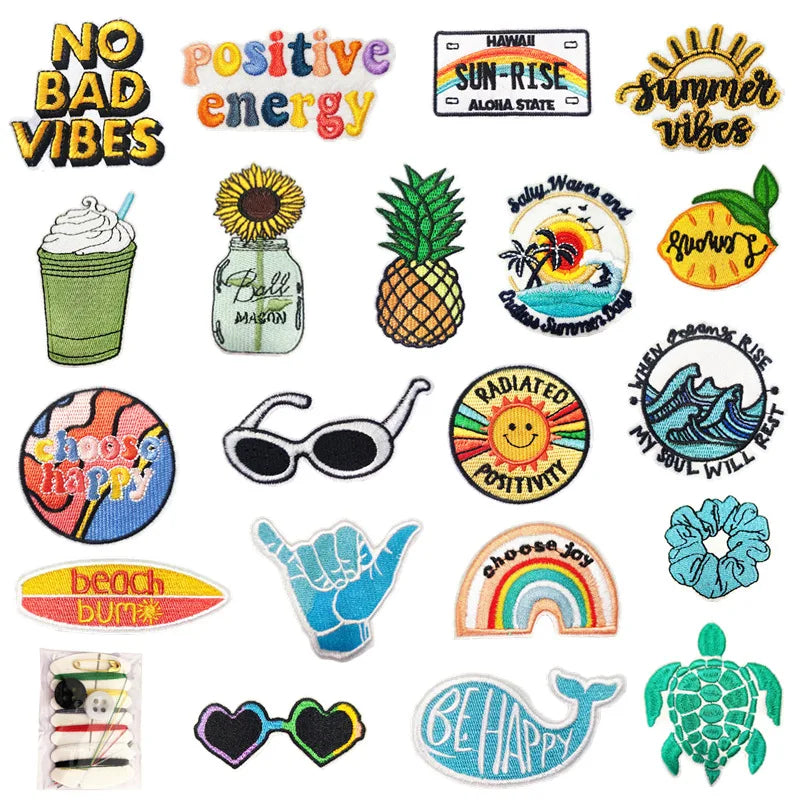 Summer Cute Cartoon Embroidery Applique Ocean Waves Sunglasses Sea Turtle Ice Cream Patches