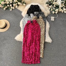 Sequined A-Line Skirt Women Casual High Waist Midi Skirts for Girls Casual Skirt Clothes Women Wholesale