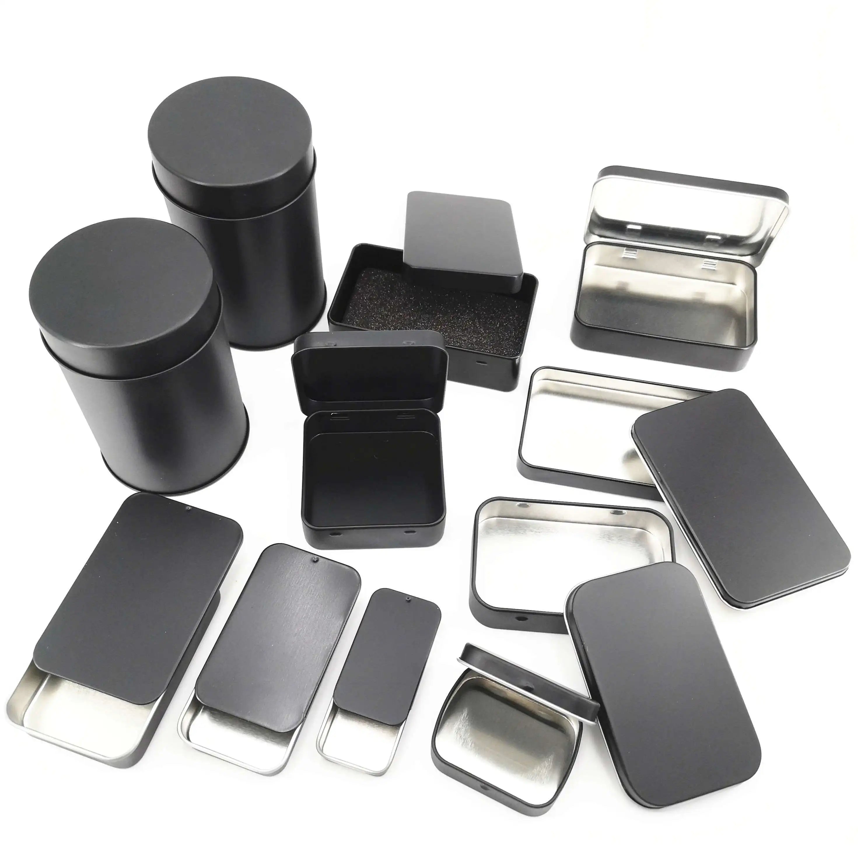 Wholesale Custom Luxury Food Grade Plain square Black Small Tin Container Hinges Rectangular Hinged Lid Black Metal Tins