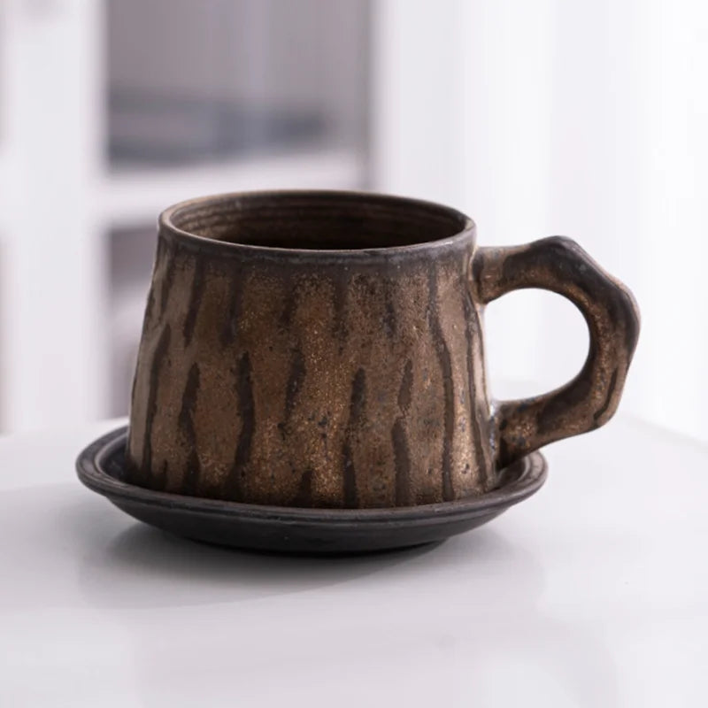 Hot Sellers Handmade Espresso Latte Coffee Cup With Handle 10 Oz Clay Pottery Ceramic Tea / Cappuccino Cups With Saucer Set