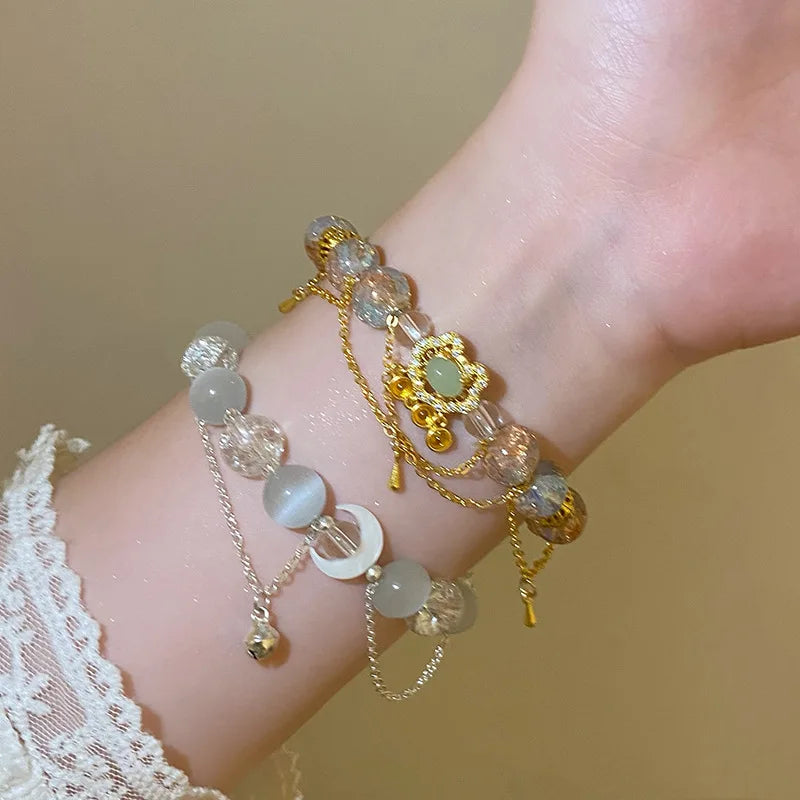 New Vintage Lock Glass Moon Bead Bracelet for Women Girls Jewelry Charm