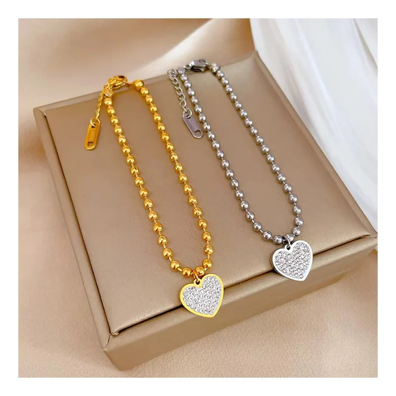 DAIHE Fashionable Full Body Titanium Steel Full Diamond Heart Pendant Bracelet Beads Simple Gold Bracelet