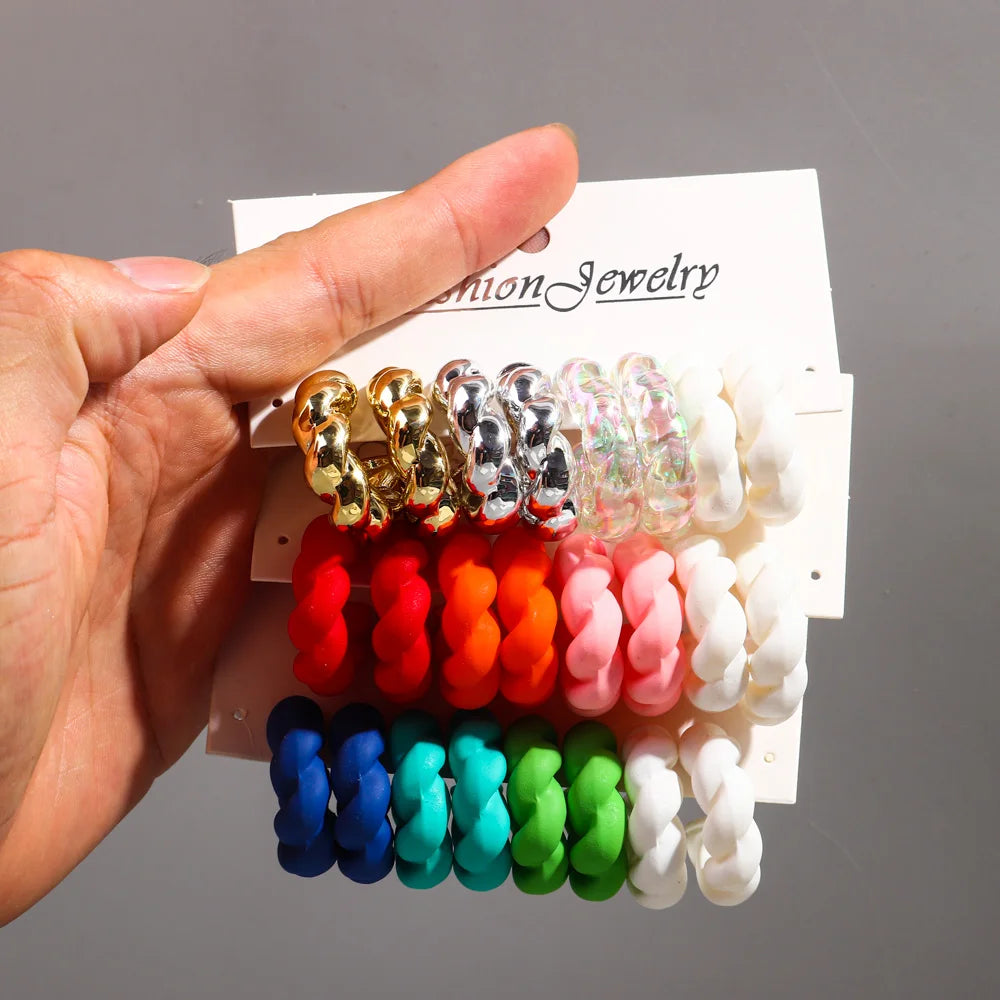 New Arrival Creative Twist Small C-shaped Earring 4 Pairs/set Resin Gold Silver Laser Pearl Sweet Girl Jewelry Hoop Earrings Set