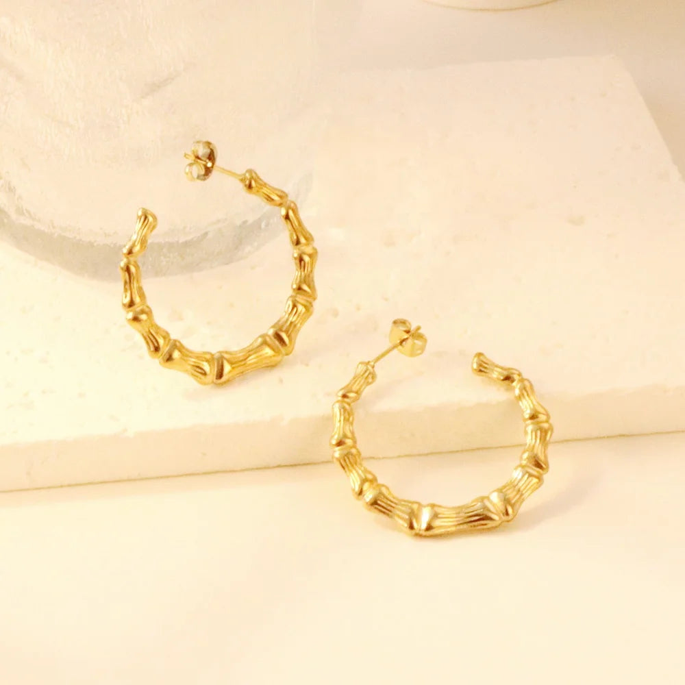Hypoallergenic 18K Gold Plated Geometric C Shape Hoop Earrings Custom Waterproof 316 Stainless Steel Jewelry Bamboo Hoop Earring