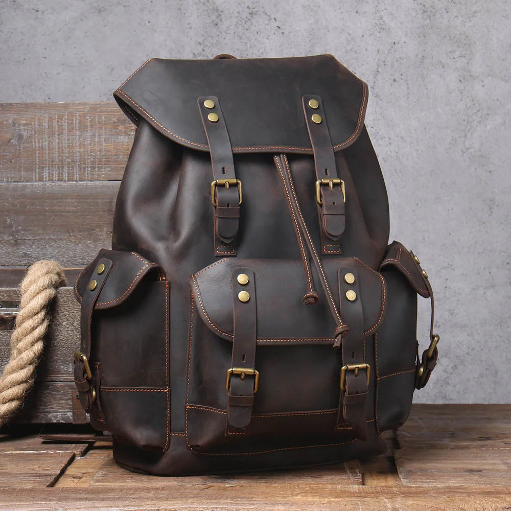 Vintage Crazy Horse Genuine Leather Large Capacity Drawstring Casual Travel Hiking Daypack Backpack