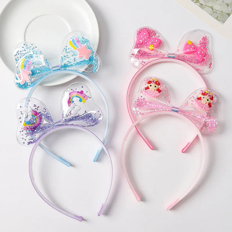 Large Bow Children Beautiful Princess Hair Accessories Shaker Glitter Sequin Transparent Kids Non Slip Knot Headband With Teeth