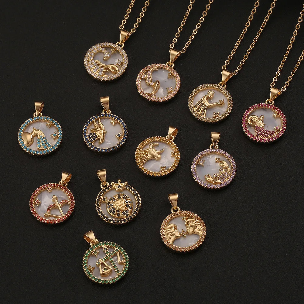 18k Gold Plated Gemini Aries Taurus Gemini Cancer Lion Virgo Libra Sagittarius Zircon Necklace
