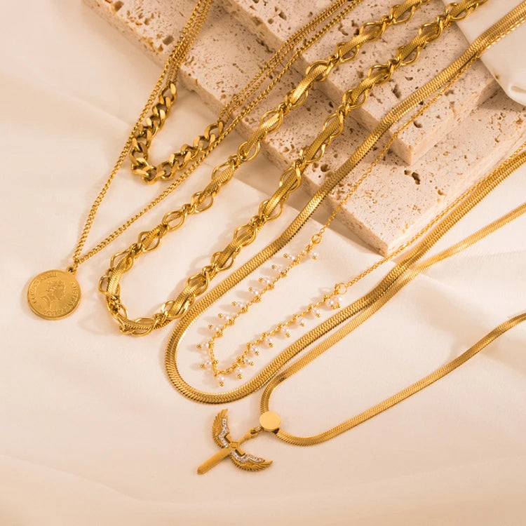 Y084 INS Style 18k Gold Plated Dainty Jewelry Stainless Steel Pearl Coin Cross Pendant Necklaces for Women Angle Wings Necklace
