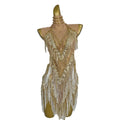 Sparkly Gold Rhinestone Sequin Mini Dress Ladies Exotic Dancewear Stripper Outfit Show Dancer Costumes Fringes Club Party Dress