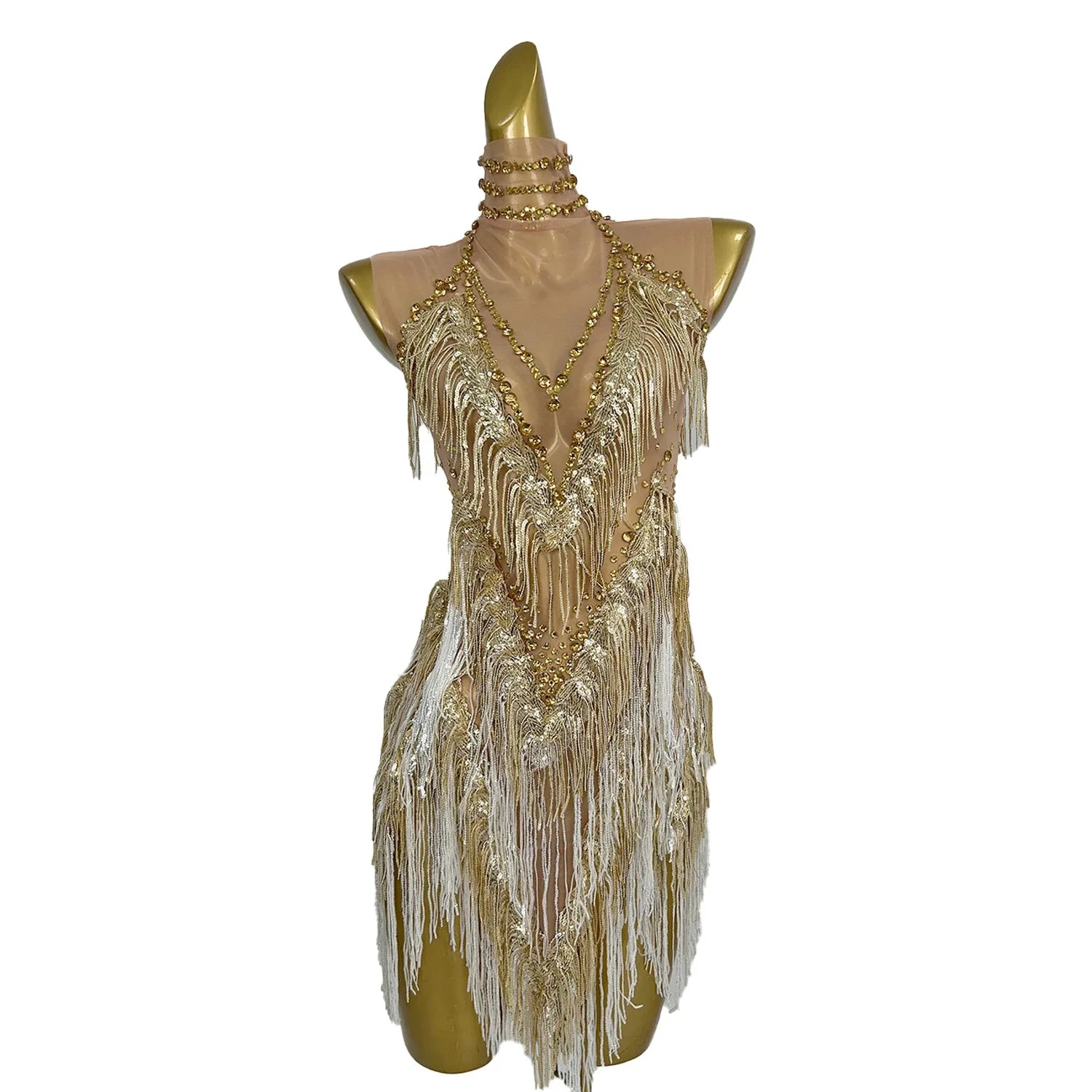 Sparkly Gold Rhinestone Sequin Mini Dress Ladies Exotic Dancewear Stripper Outfit Show Dancer Costumes Fringes Club Party Dress