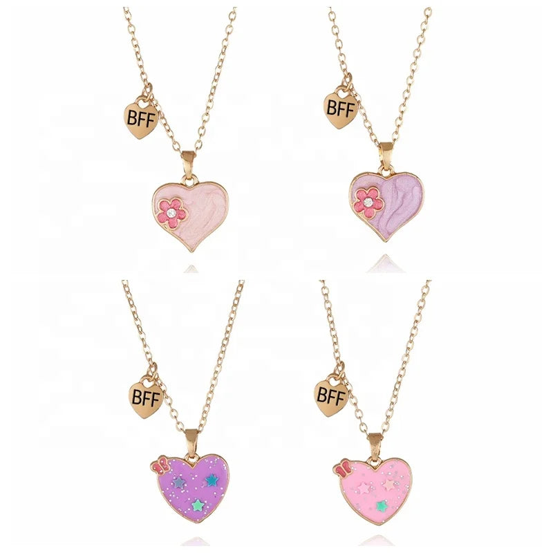 BFF Trendy Gold Plated Children's Necklace Set Cute Pink Flowers Heart Stars for Parties Anniversaries Engagements and Gifts