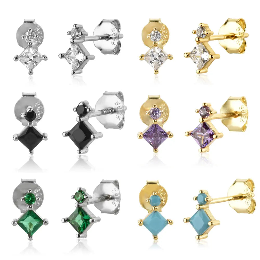 FUAMAY Classic Stud Earrings 925 Sterling Silver Turquoise Earrings Colorful Zirconia Earrings