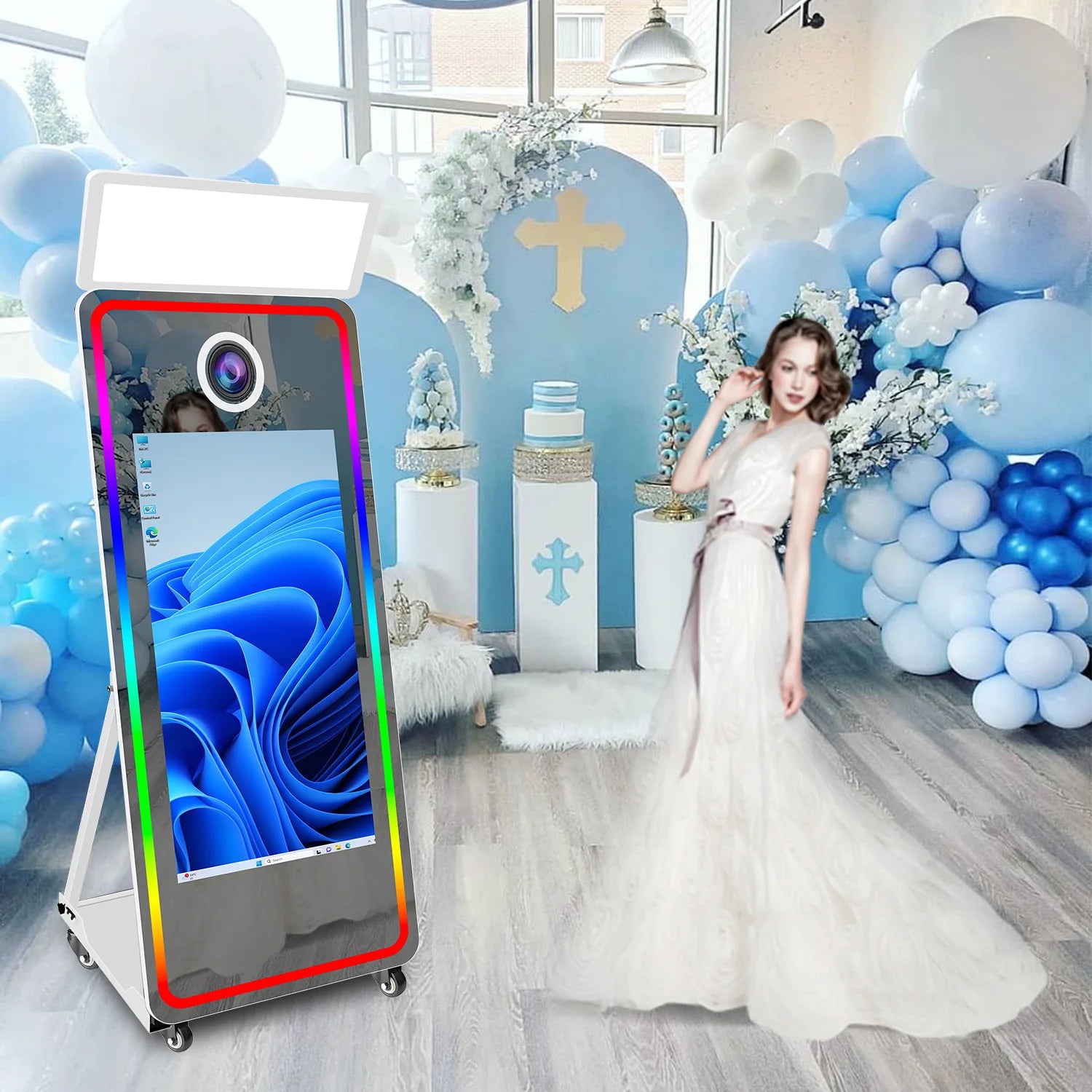 Instant Magic Mirror Photo Booth Machine Smart Touch Screen Selfie Photobooth With Printer Tray Square Lamp Photo Mirror Booth