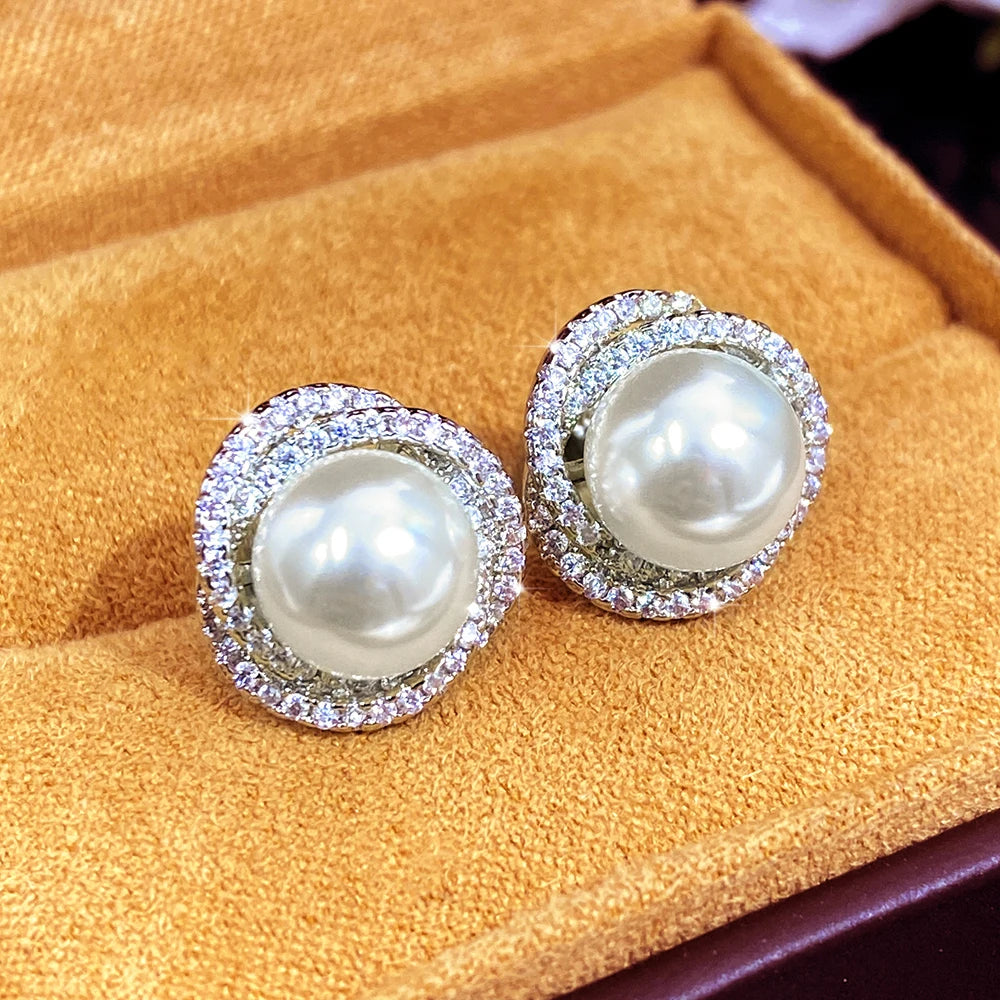 Huitan Elegant Design Sliver Color Cubic Zircon Earrings Women Ladies Round Pearl Stud Earrings for Bride