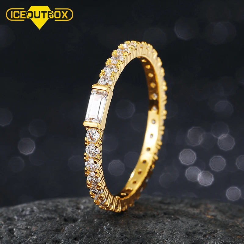 Trend Gold Plated Brass Iced Out Cubic Zircon Diamond Tennis Ring for Men Women Square Stone Ring Hip Hop Jewelry