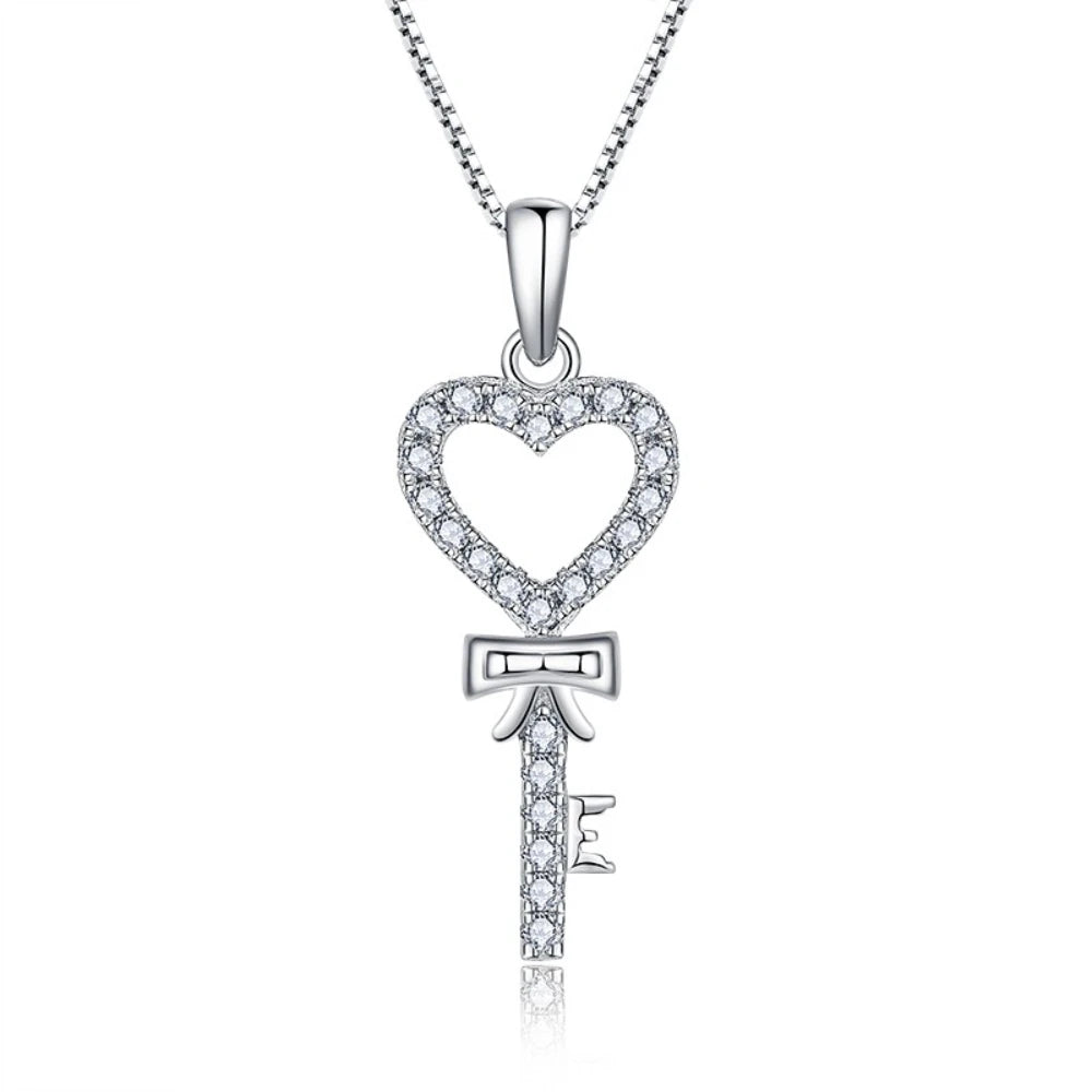 YILUN 925 Sterling Silver Heart Key to My Heart CZ Pendant Necklace for Women's Romantic Jewelry Gift Idea