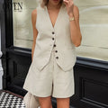 For OOTN Women's Summer Cotton Linen Two-Piece Set Khaki V-Neck Sleeveless Tank Top Casual Shorts Buttons Office Lady's Solid