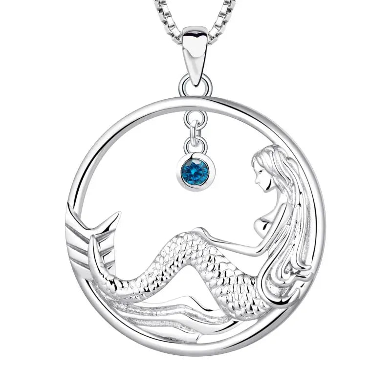 New Design 925 Sterling Silver Beautiful Mermaid Tail Pendant Round Star Dark Blue Zircon Necklace for Women