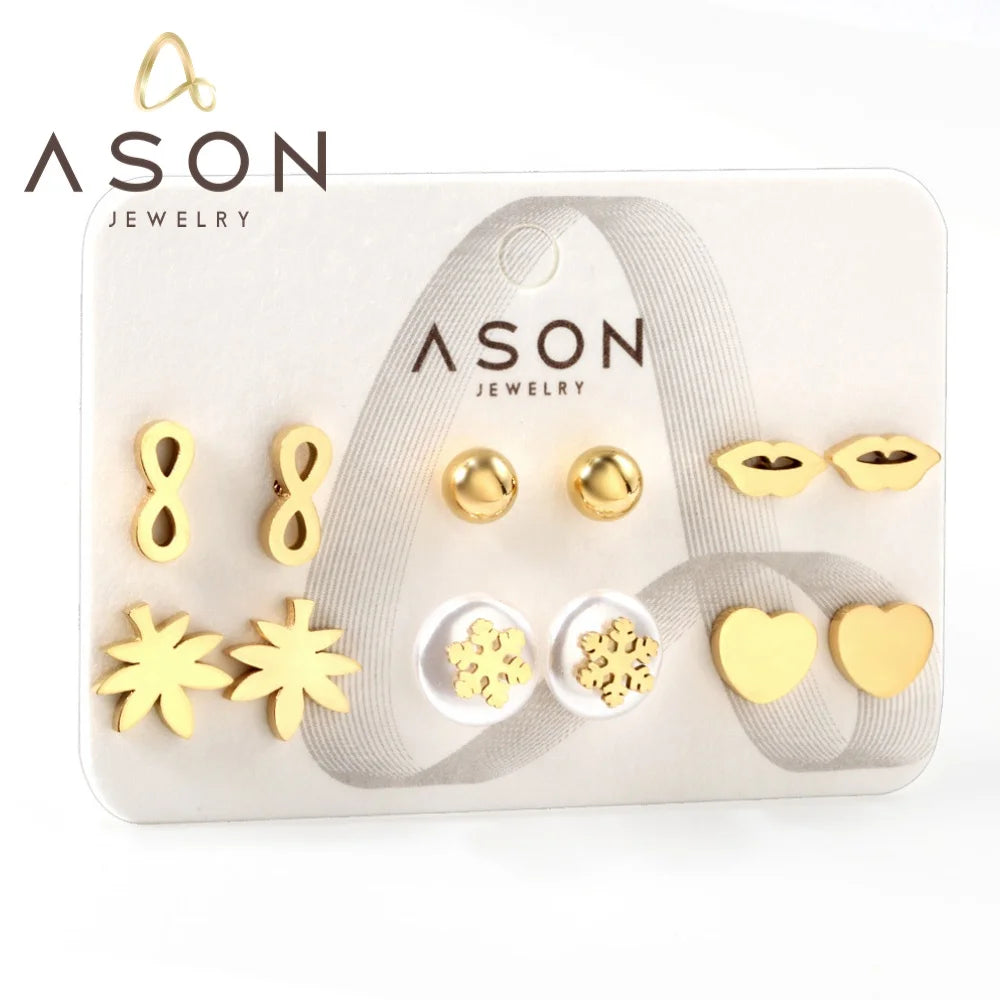 Ason Jewelry Cheap 18k Gold Plated Mixed Style 6 Pairs/Card Geometric Stud Earrings Kids Fashion Stainless Steel Earrings Set