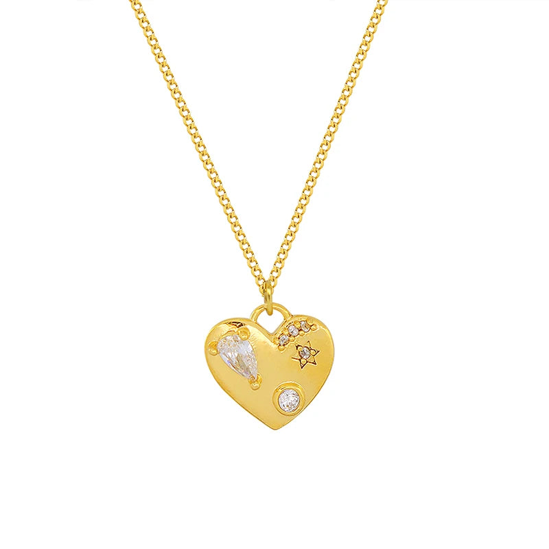 French Style Stylish Retro Zircon Heart Stud Stainless Steel Necklace and Earrings Jewelry Set