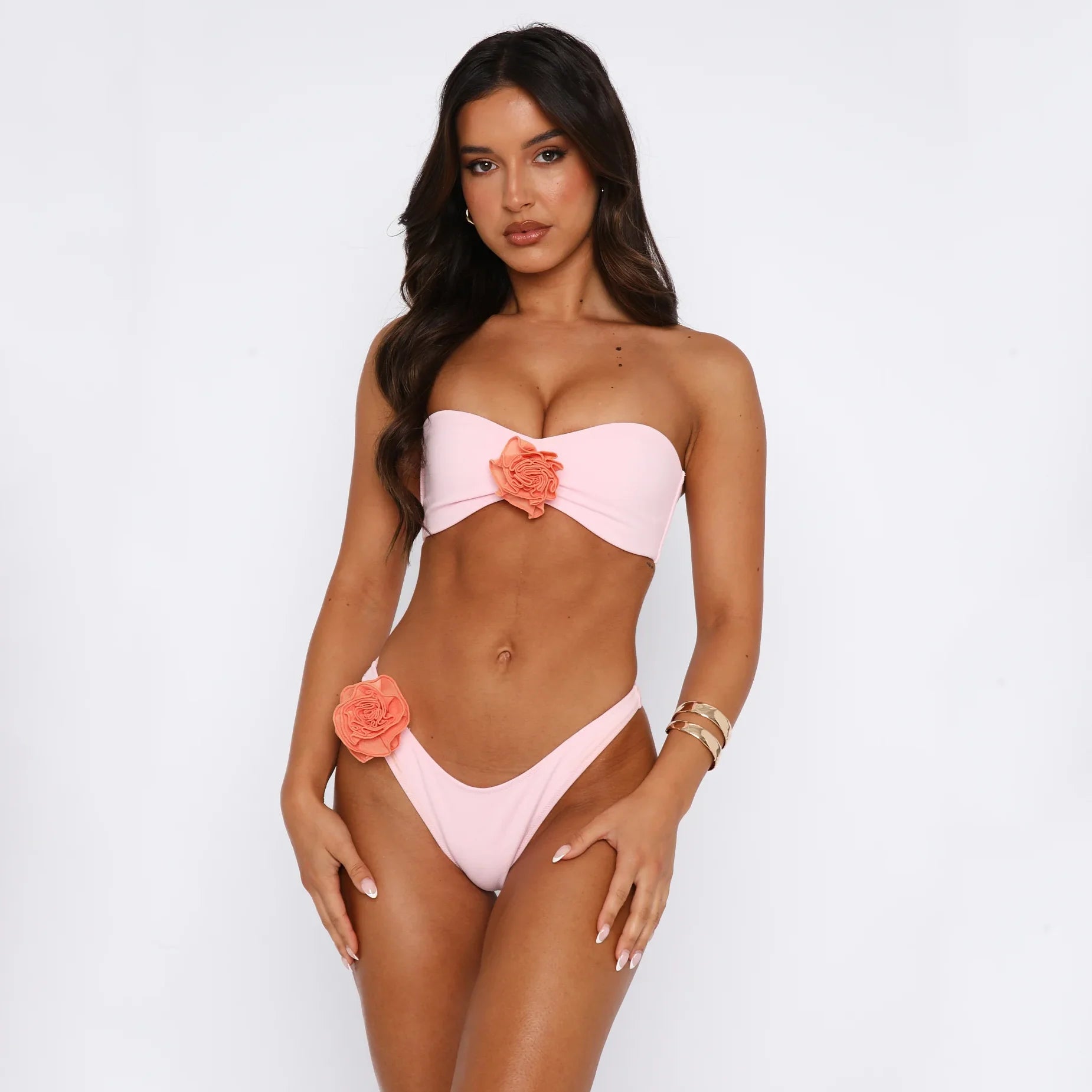 Customized Private Logo Bandeau Bikini Two-Piece Spandex/Nylon Eco-Friendly Quick Dry 3D Flower Beach Bikini Set for Women