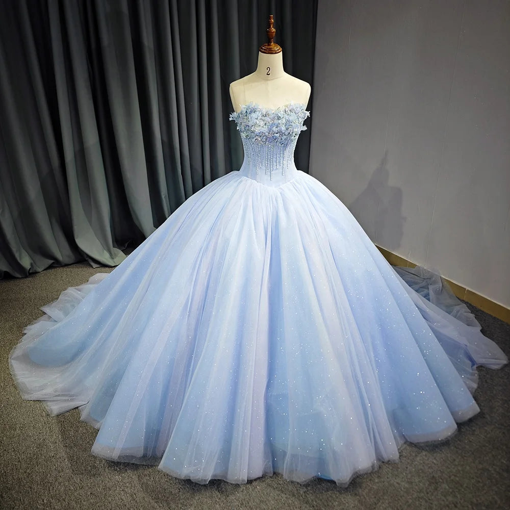 Jancember 6714 Vintage Pearls Flower Strapless Quinceanera Party Girls Dresses