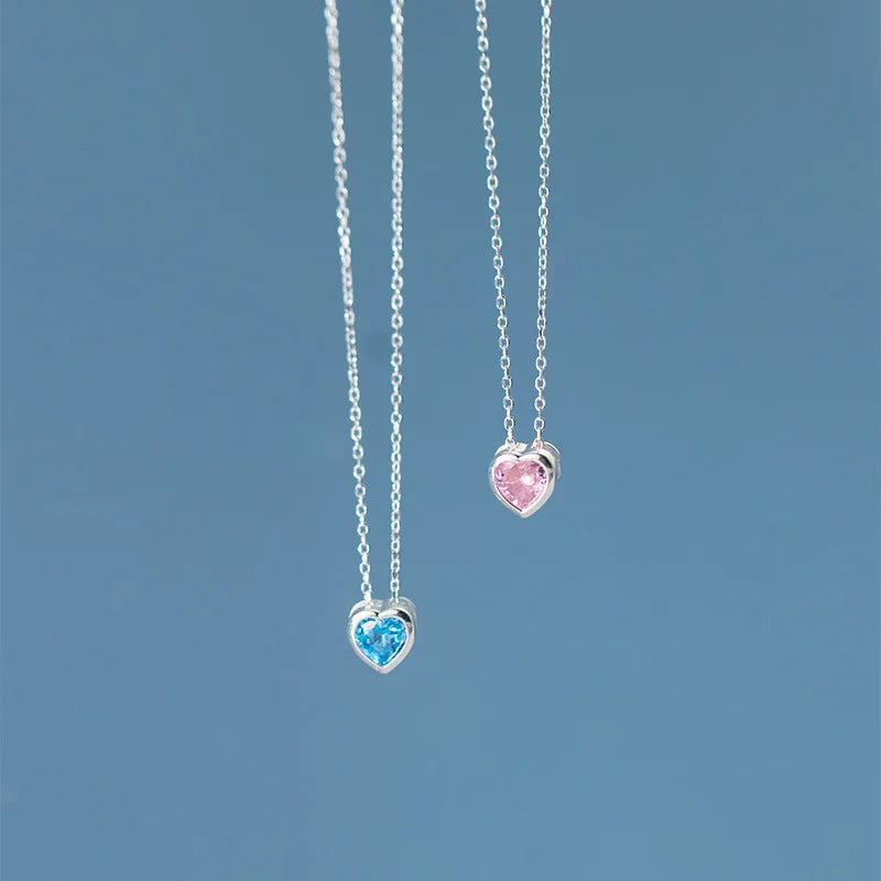 Real 925 Sterling Silver Fashion Sweet Romantic Heart Shiny CZ Clavicle Necklace for Women Wedding Jewelry
