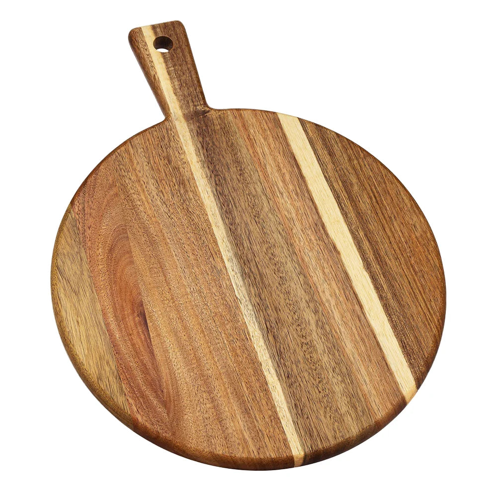 Acacia Wood Cutting Board Natural Round Design with Handle for Kitchenware in Home and Restaurant Use