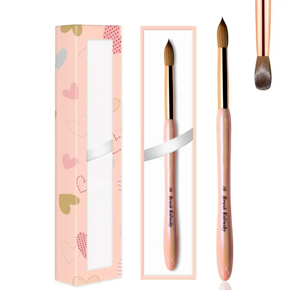 Custom Private Logo Pink Acrylic Handle 100% Pure Kolinsky Acrylic Brush Round&Crimped 3D Manicure Brush for Professional Nail