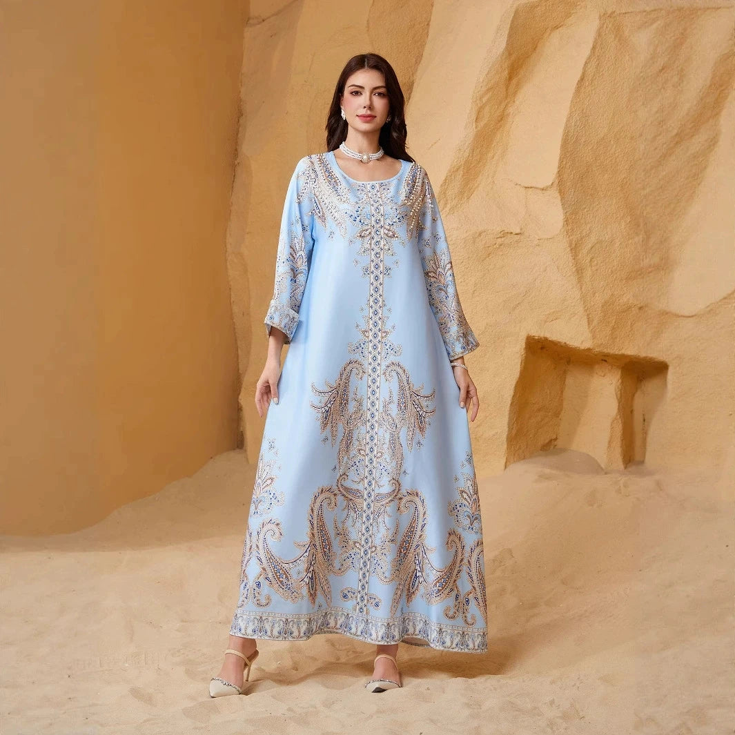 New Abaya Print Beading Long Party Dress Middle East Muslim Dress Elegant Evening Dress