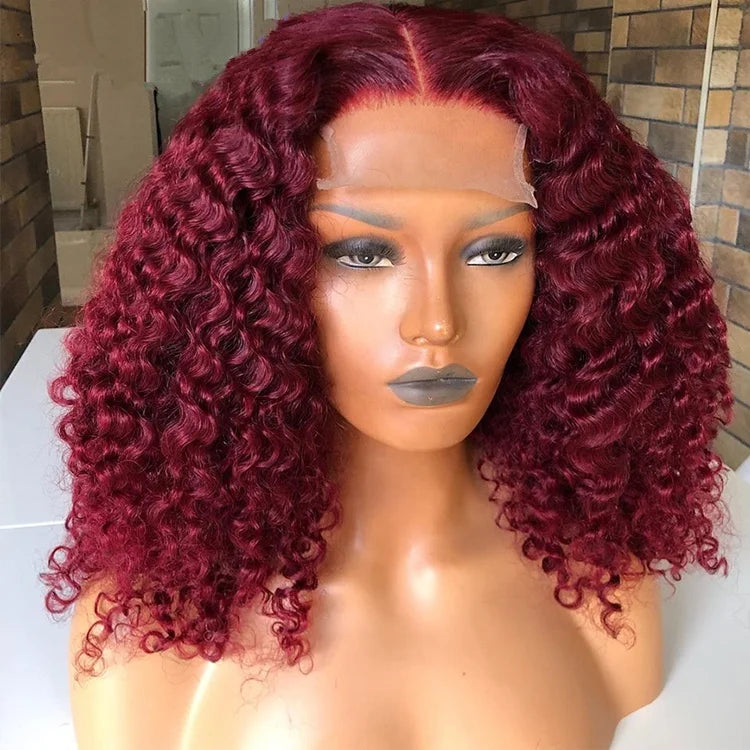 Popularity 99J Burgundy Color Kinky Curly Bob Double Drawn Cuticle Aligned Virgin Hair Lace Front Wigs for Black Women