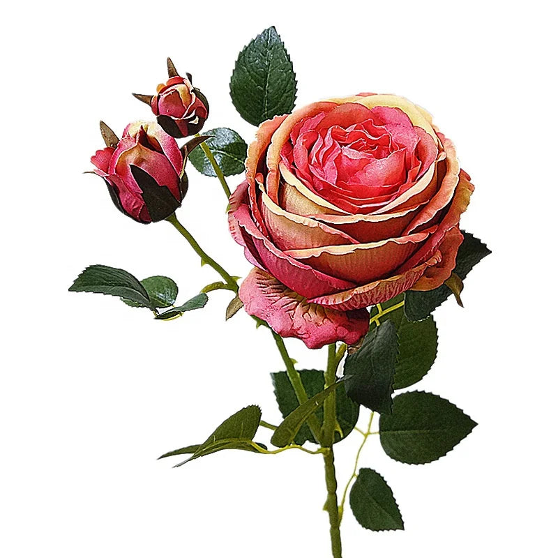 Hot Selling 3 Heads Silk Roses Single stem Artificial Flowers Rose stem for Home Indoor Decor