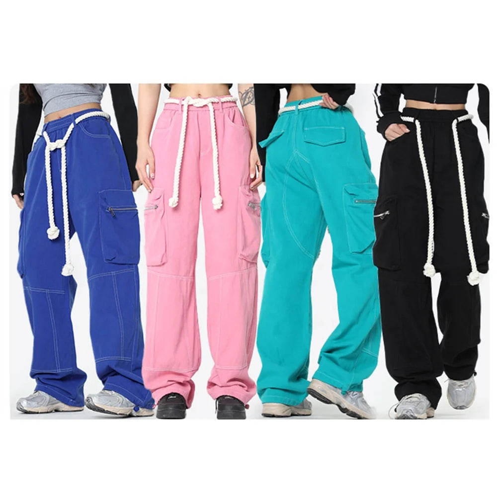 KY Rope Drawstring Street Wear Y2K Contrast Stitching Customized Baggy Oversized Cargo Pants for Ladies