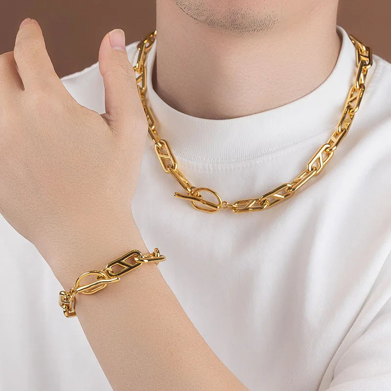 Chunky Stainless Steel Jewelry 18K Gold Plated Thick Paperclip Chain Link Hip Hop Bracelet Necklace Set