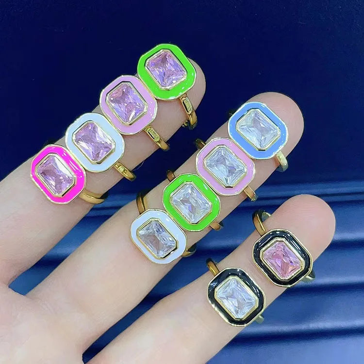 RM1580 18K Gold Enamel Rainbow CZ Rectangle Baguette Solitaire Ring Eternity Statement Stacking Engagement Ring Gift for Her