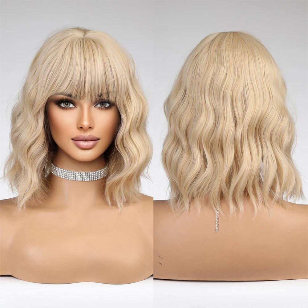 Premium Synthetic Natural Short Blonde Water Wavy Hair Wig with Bangs for Women Heat Resistant Bob Wigs Daily Customized Wigs