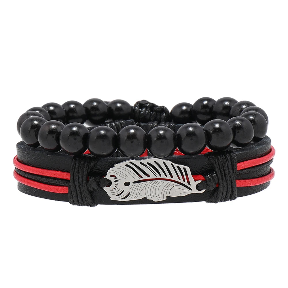 Wholesale Men's Fashion Charm Bracelets Stainless Steel Feather Bead on Leather Strap Premium Jewelry Set