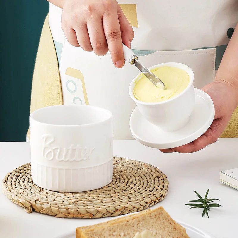 Creative Eco-Friendly Ceramic Butter Dish Cylindrical French Cheese Box with Water-Sealed Lid for Countertop