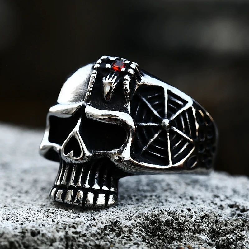 SS8-1006R Stainless Steel Men's Cool Skull Ring Biker Spider Web Skeleton Ring for Men Punk Hip Hop High Quality Jewelry