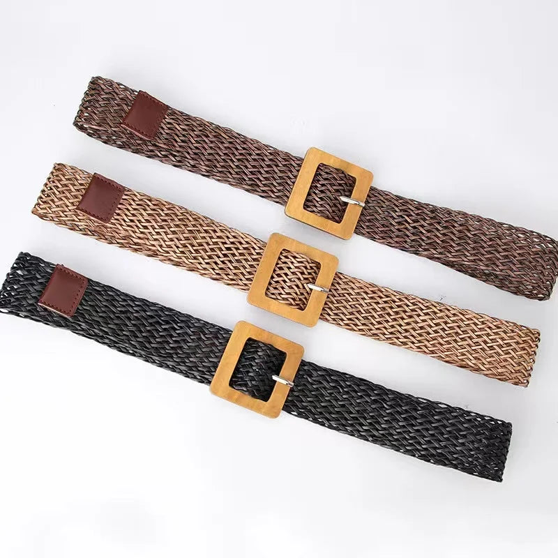 JULUN Ladies Elastic Belt Wide Woven Straw Elastic Waist Belt With Wooden Square Buckle Bohemian Style for Dresses & Outfits