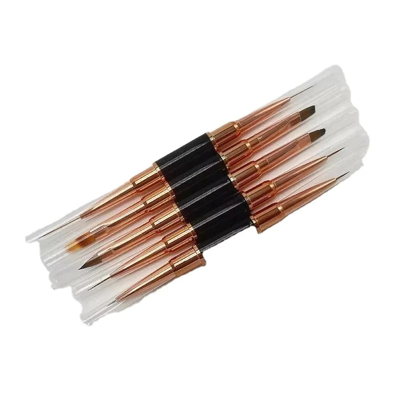 Professional Rose Gold Nail Art Brush Set 5pcs. Manicure Line Drawing Pen Double End Oval Nylon Hair Professional Painting Nail
