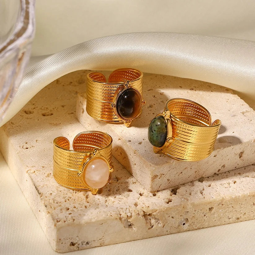 Hip Hop Trend Versatile Ring Waterproof Stainless Steel Wide Face Tiger Eye Stone Adjustable Ring Fashion Jewelry 2023 NEW