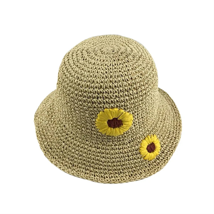 Handmade Crochet Straw Bucket Hat Women Sunflower Floral Sun Hat Wide Brim Summer Beach Fisherman Hat UV Protection Foldable