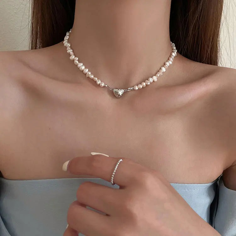 SC Fashion Magnetic Love Heart Necklace Jewelry Elegant Natural Irregular Freshwater Pearl Beaded Choker Necklace for Women Girl