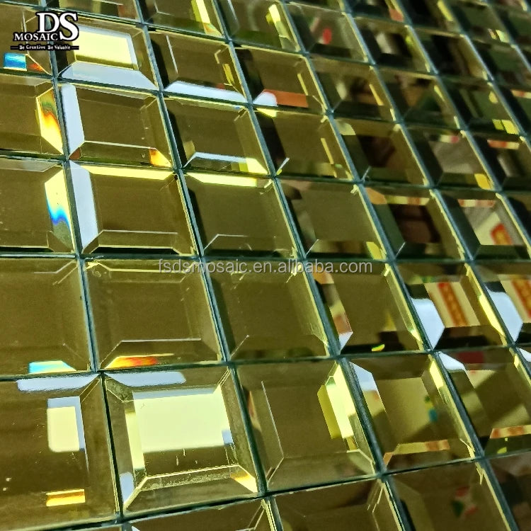 Golden Beveled Reflection Diamond Faceted Mirror Palace Square Glass Mosaic Wall Tiles Modern Design Glossy Surface Cheap Price