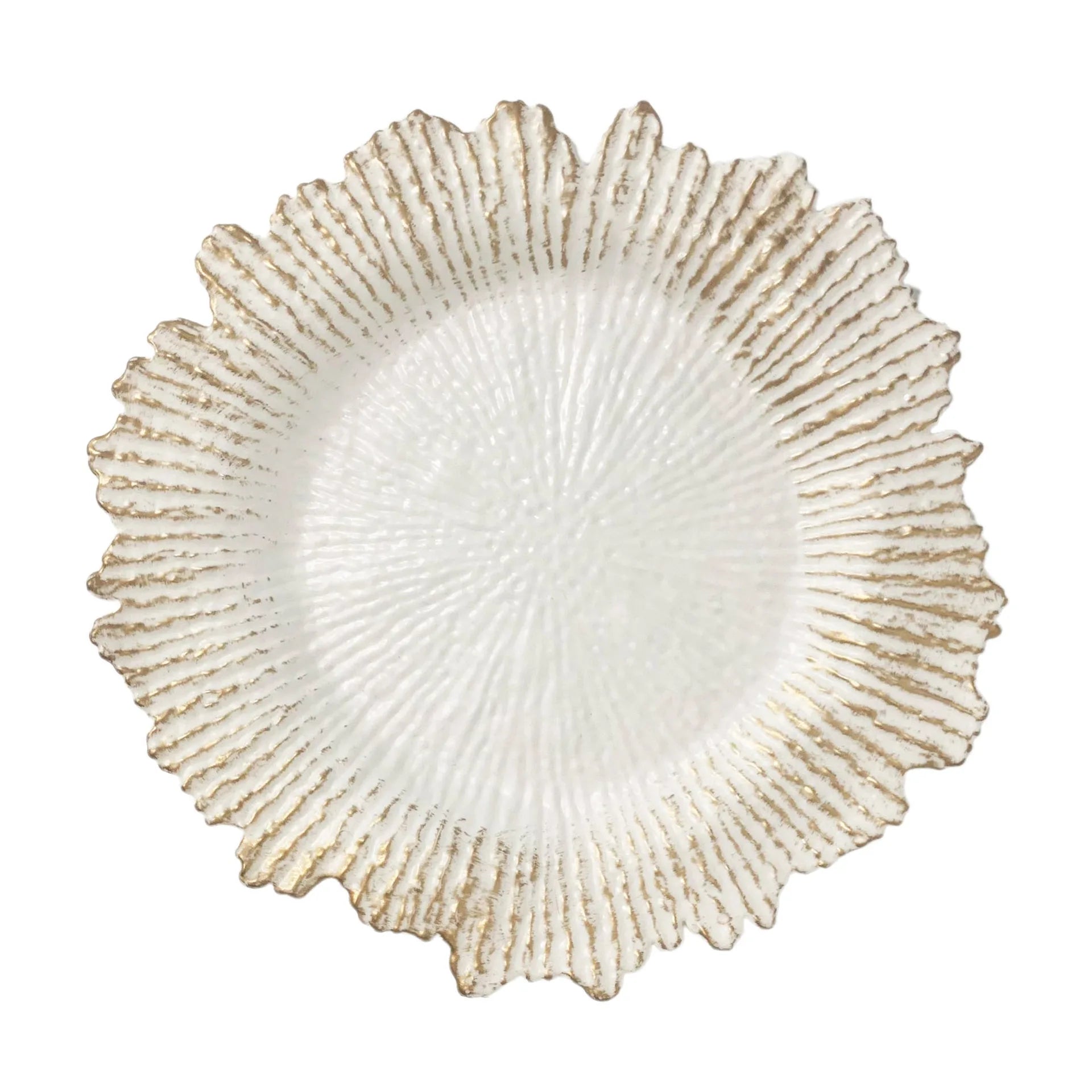 Antique Gold Brushed Ceramic-Like Eco-Friendly White Plastic Charger Plates in Irregular Reef Shape MOQ 100pcs