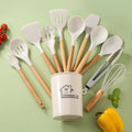 Manjia Wooden Handle Silicone Kitchenware Set BFJM005 11-piece Non-stick Spatula Spoon Storage Bucket Kitchen Cooking Tools