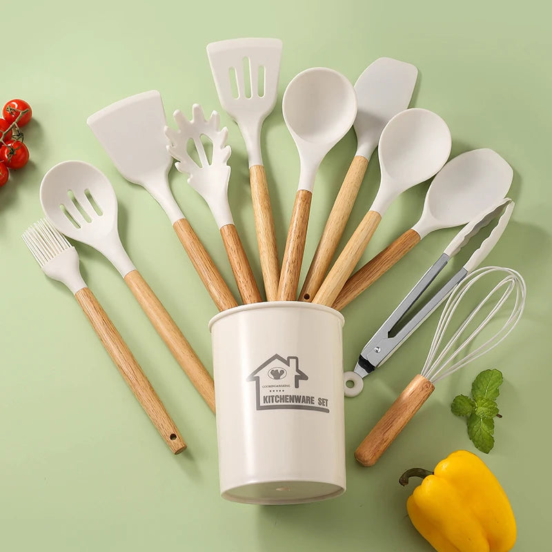 Manjia Wooden Handle Silicone Kitchenware Set BFJM005 11-piece Non-stick Spatula Spoon Storage Bucket Kitchen Cooking Tools