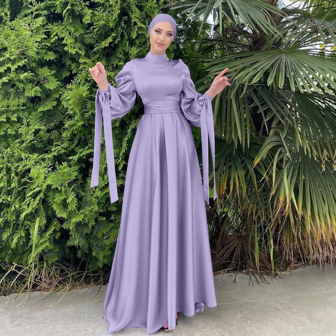 Pure Color Elegant Satin Dress Elastic Wear Long Sleeves Islamic Muslim Clothing Jilbab Prayer Abaya Dress Salwar Kameez